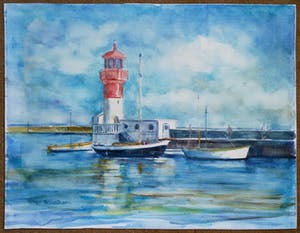 Piet Middelhoek - Vuurtorentje met vissersschepen, aquarel kopen? Bied vanaf 30!