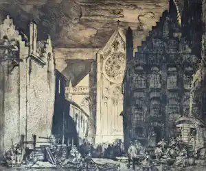 Frank Brangwyn - ets 6/20 - Sint-Niklaaskerk te Diksmuide, gesingeerd verkocht voor € 185!