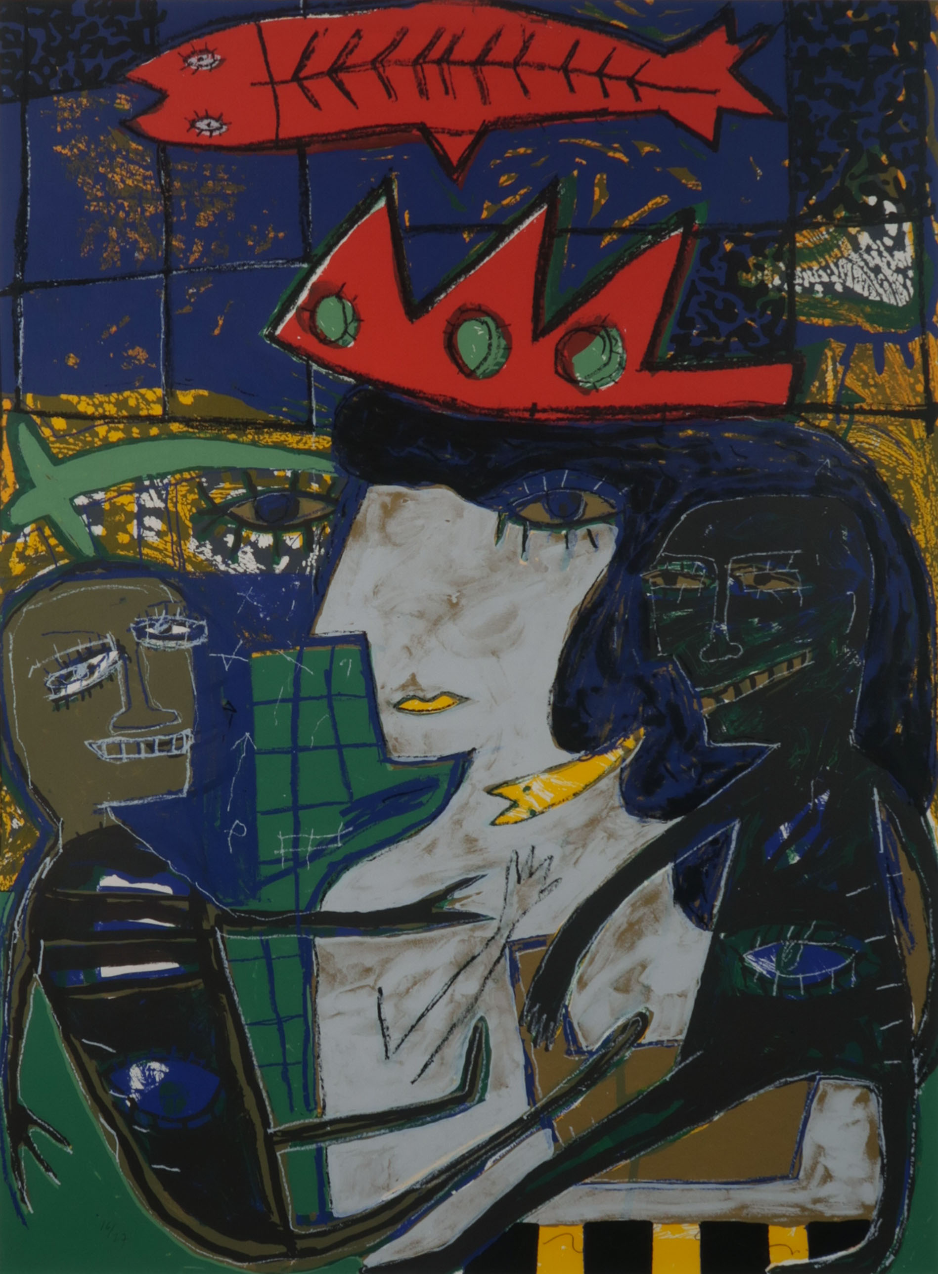 Dodog Soeseno - Zeefdruk, (Royal) Family with Red Fish - Ingelijst kopen? Bied vanaf 35!