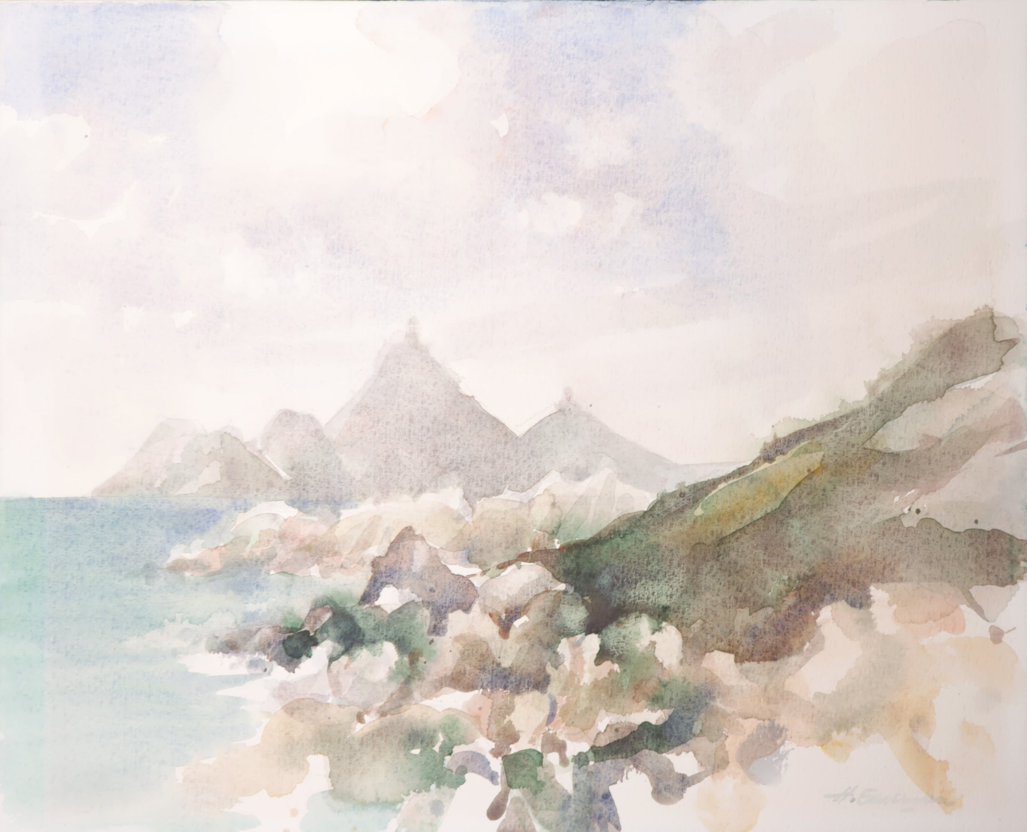 Hen Euverman - Aquarel, Berg en kust landschap kopen? Bied vanaf 1!