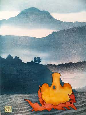 Sjoerd Bakker - gouden vaas in landschap verkocht voor € 40!