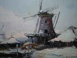 Jurrien Marinus Beek - Molens in de winter - olieverfschilderij kopen? Bied vanaf 80!