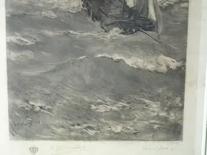 Hendrik Willem Mesdag - & C.L. Dake : Grote ingelijste ets , Vissersboten bij Scheveningen – 1879 kopen? Bied vanaf 1!