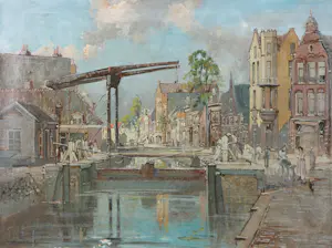 Jan Hermanus Melcher Tilmes - Olieverf op doek, De Overtoomse Sluis te Amsterdam - Ingelijst kopen? Bied vanaf 350!