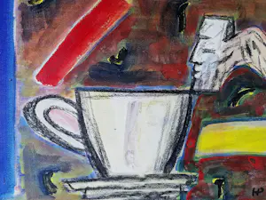 Hannes Postma - Grote - 1985- gemengde techniek op papier "Hypno's mok" gesigneerd kopen? Bied vanaf 65!