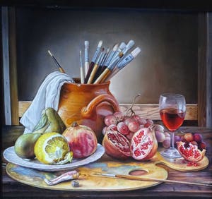 Alfonso Moreno - Stilleven schildersspullen schilderij wijn en fruit. kopen? Bied vanaf 250!