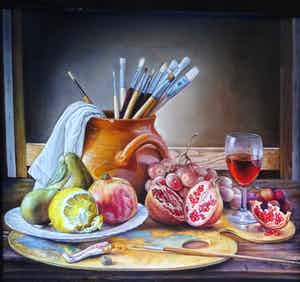 Alfonso Moreno - Stilleven schildersspullen schilderij wijn en fruit. verkocht voor € 250!