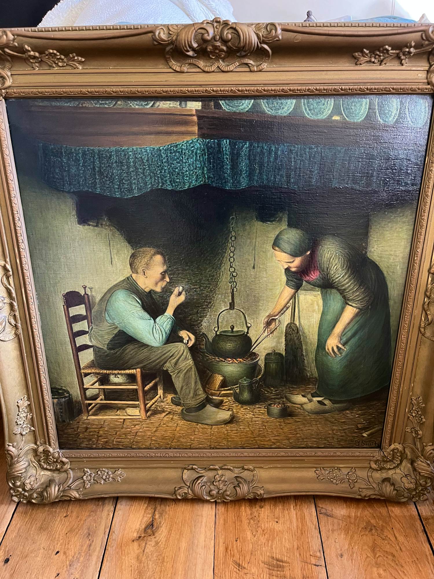 Jan Smit - Pijprokende boer zittend bij de stookplaats en boerin het vuur oprakelend kopen? Bied vanaf 250!