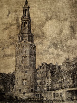 Niet of onleesbaar gesigneerd - Mooie sfeervolle ETS Amsterdam "Montelbaanstoren" ca. 1930 gesigneerd kopen? Bied vanaf 10!