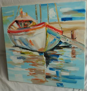Niet of onleesbaar gesigneerd - Acrylverf op doek, Bootje in de haven kopen? Bied vanaf 10!