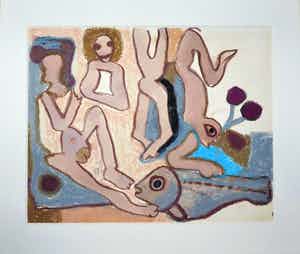 Ed Dukkers - Fantasievoorstelling met diverse figuren. verkocht voor € 95!