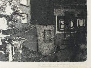 Niet of onleesbaar gesigneerd - ets uit 1969 - 'Zeppelin boven het Arbeiderskwartier' kopen? Bied vanaf 10!