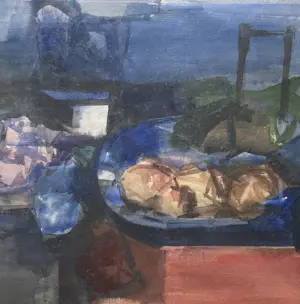 Theodoor Heynes - aquarel op papier | 'Stilleven met blauwe schaal' (INGELIJST) kopen? Bied vanaf 20!