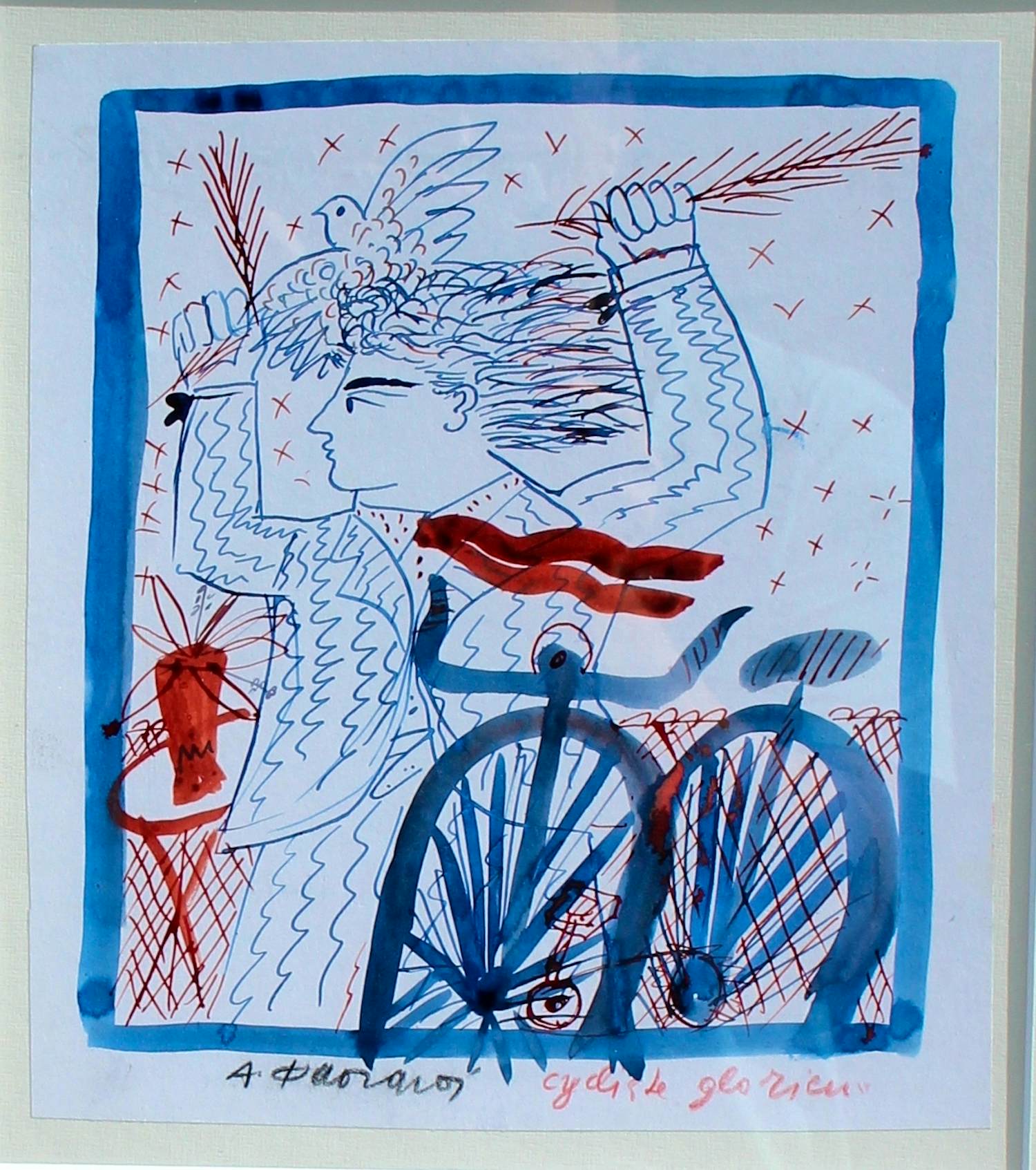 Alexandre Fassianos - gemengde techniek op papier - cycliste glorieu (nette lijst!) kopen? Bied vanaf 1000!