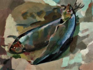 Niet of onleesbaar gesigneerd - Mooi expressionistisch olieverf "stilleven - Vissen op tafel " gesigneerd kopen? Bied vanaf 10!