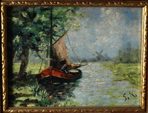 Niet of onleesbaar gesigneerd - Olieverf op paneel, Landschap met zeilboot – gesigneerd ‘S.K.’ & ingelijst - oud kopen? Bied vanaf 1!