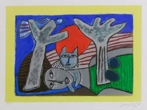 Corneille - Zeefdruk, Vrouw en Kat - Ingelijst kopen? Bied vanaf 200!