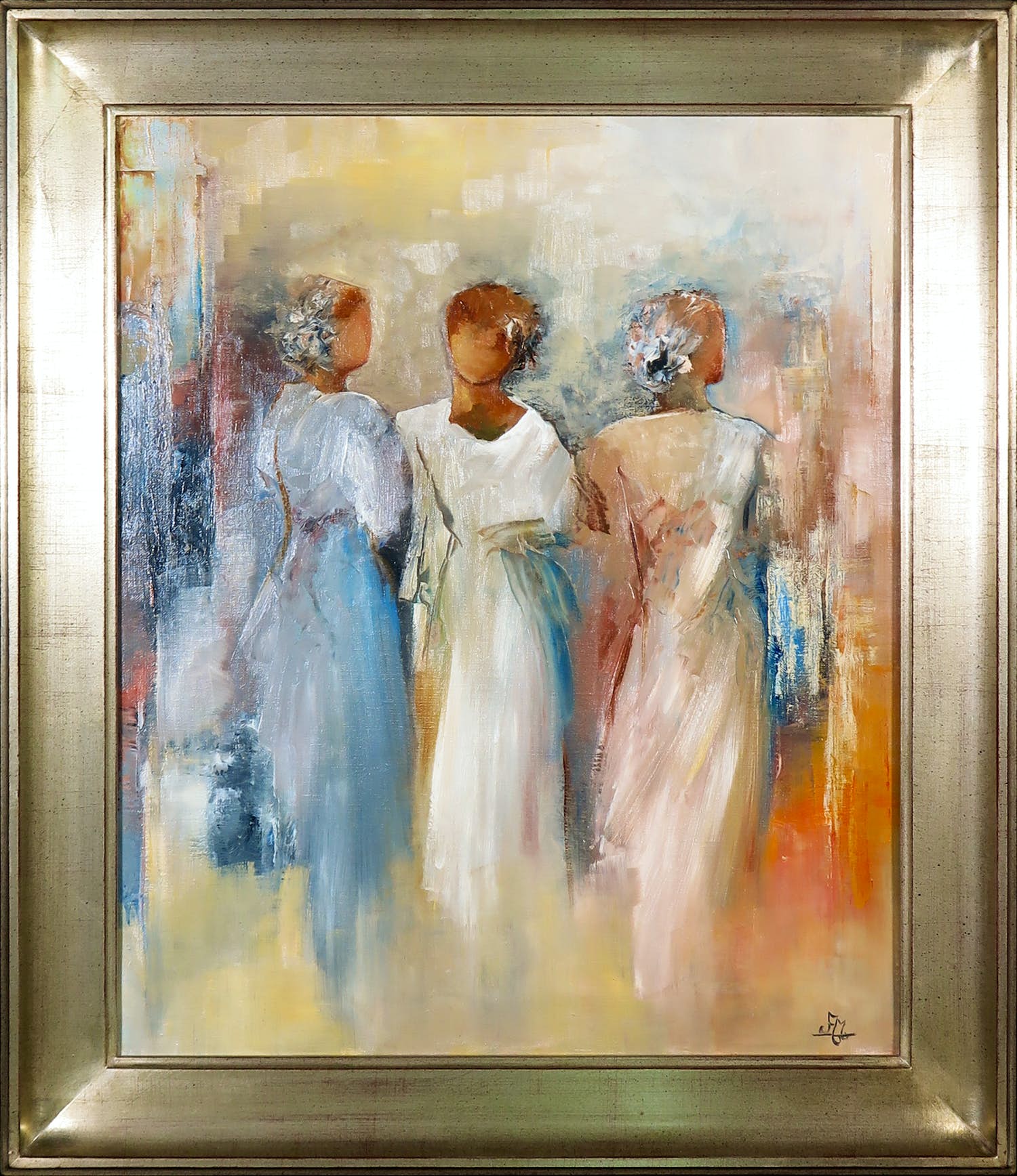 Annie Munsters - Olieverf op doek, Drie figuren - Ingelijst verkocht voor € 80!