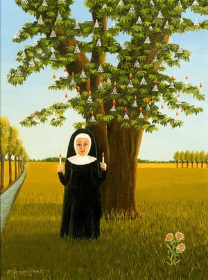 Mieke Hoogendorp - Olieverf op doek, Landschap met non voor boom - Ingelijst kopen? Bied vanaf 100!