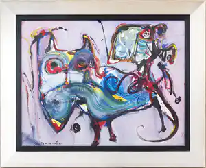 Jan te Wierik - Fabeldieren, gemengde techniek uit 1994, ingelijst verkocht voor € 900!