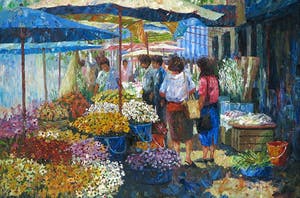 Niet of onleesbaar gesigneerd - Acryl op doek, Bloemenmarkt - Ingelijst kopen? Bied vanaf 1!