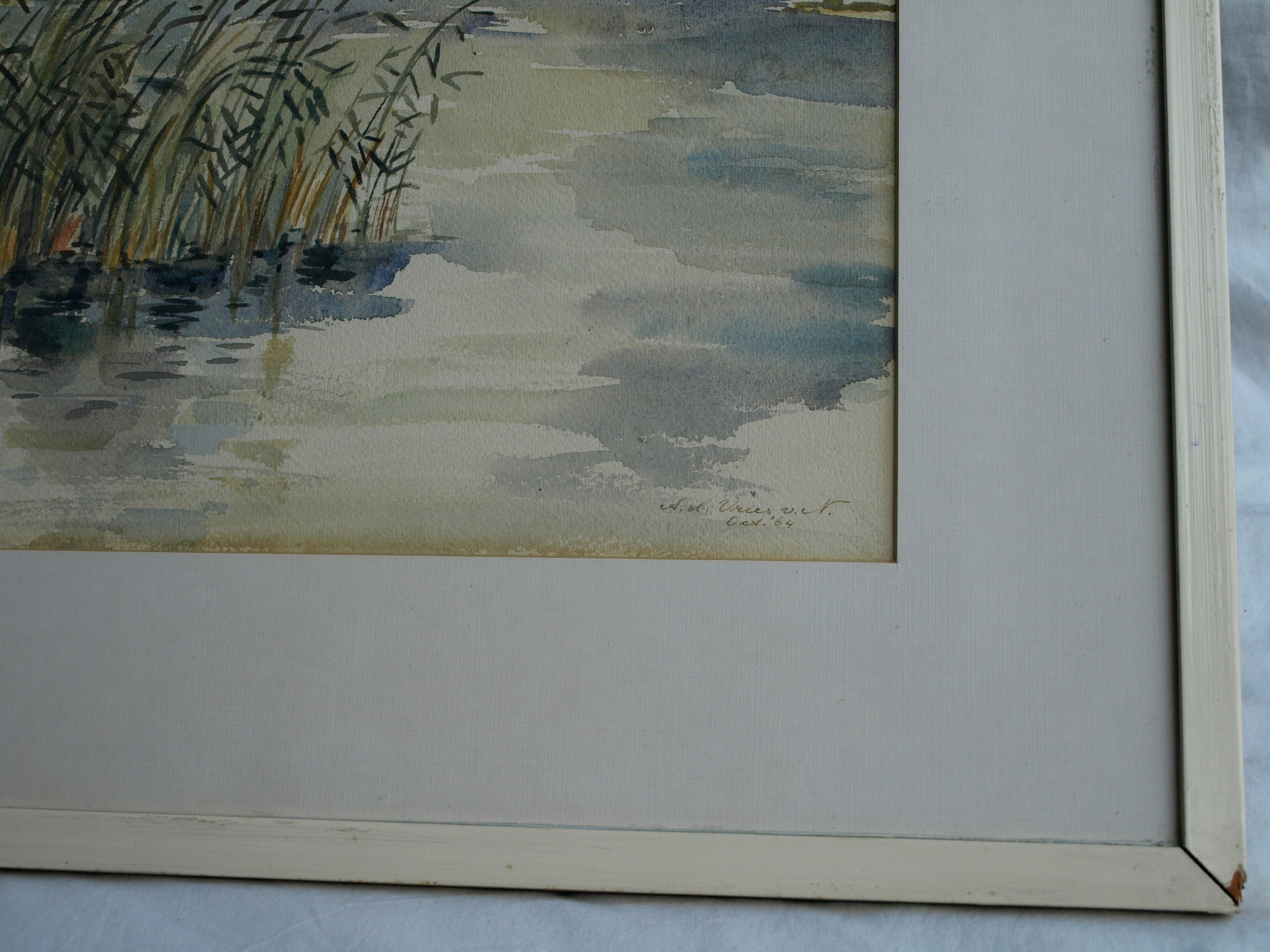 Niet of onleesbaar gesigneerd - Aquarel , Rietkraag – Watergezicht - gesigneerd & ingelijst – 1964  kopen? Bied vanaf 1!