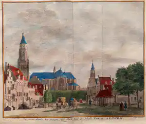 Caspar Jacobsz. Philips - Arnhem, Gezicht op de Grote Markt, Prinsenhof, Stadhuis.. Tirion 1741 verkauft für € 30!