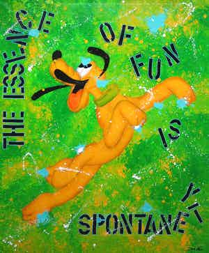 Don Ken - Gemengde techniek op doek, The Essence of Fun is Spontanety (Zeer groot) verkocht voor € 1000!
