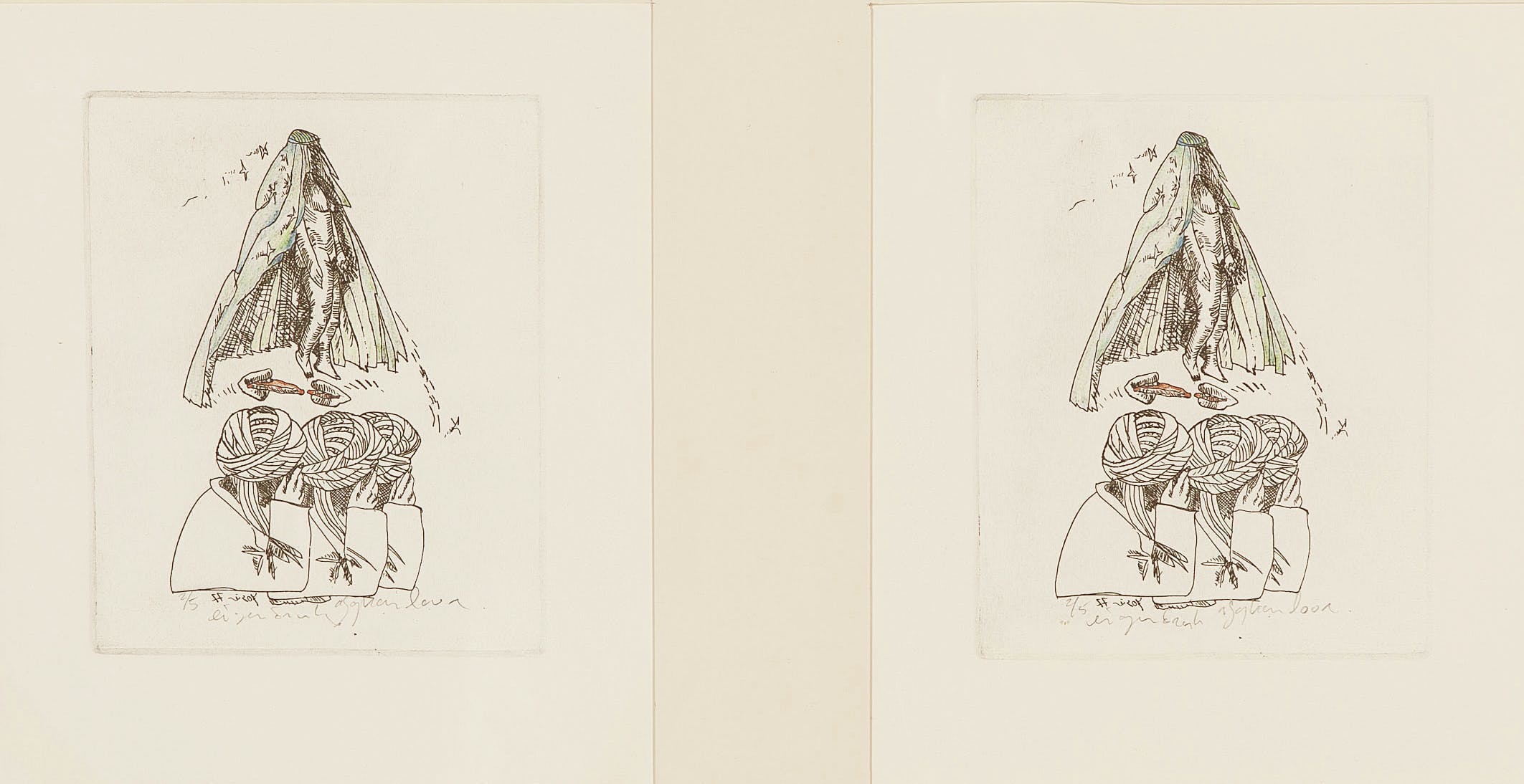Josien Brenneker - Ets en kleurpotlood op papier - Afghan love - oplage 2/5 - BKR Eindhoven - 1977 kopen? Bied vanaf 1!