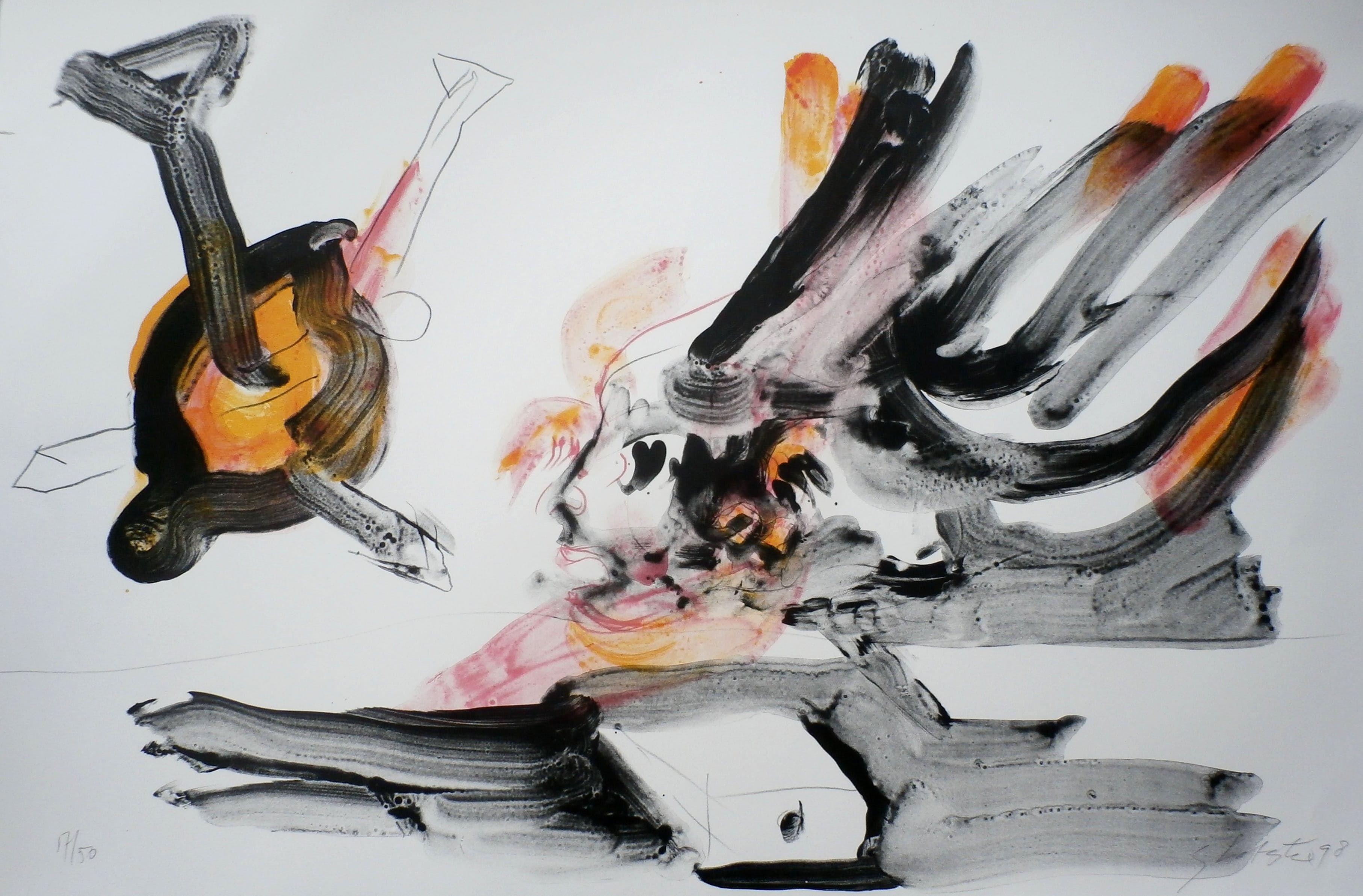 Ger Lataster - grote litho - Engel boven tafel - 1998 verkocht voor € 149!