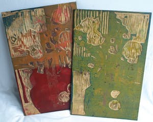 Fon Klement - De 2 dubbelzijdige houten drukblokken van de houtsnede ‘Pioenrozen en appels’ kopen? Bied vanaf 60!