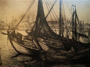 Jan Schonk - GROTE gesigneerde ets "Botters in Haven IJmuiden" omstreeks 1930 kopen? Bied vanaf 1!