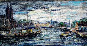 Arnoldus Oldenhave - Olieverf:Prins Hendrikkade met links de St Nicolaaskerk (Amsterdam) - 1958 verkocht voor € 299!