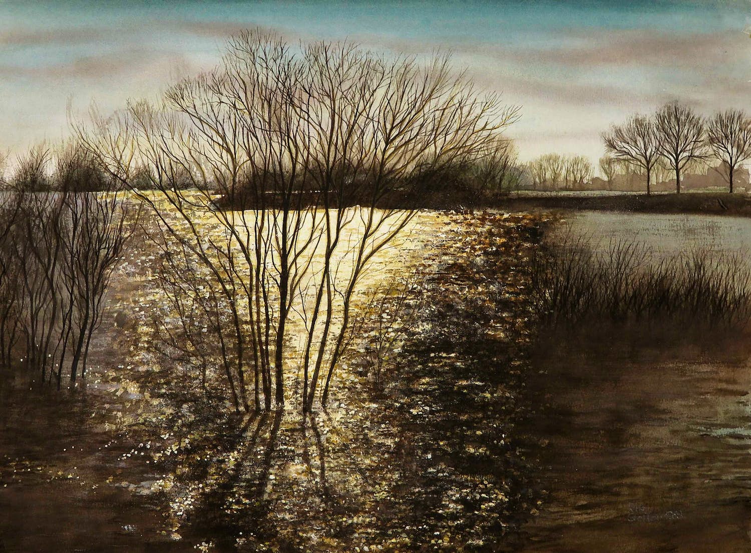 Rob Stoffer - Krijt en gouache op papier, Waterlandschap kopen? Bied vanaf 1!