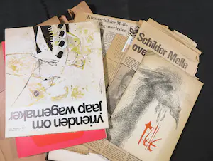 Melle Oldeboerrigter - Lot met handbeschilderde pennendoos en 2 originele litho's kopen? Bied vanaf 200!