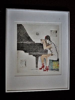 Aat Veldhoen - Bijzondere met Aquarel ingekleurde Ets "Vrouw achter piano" gesigneerd kopen? Bied vanaf 61!