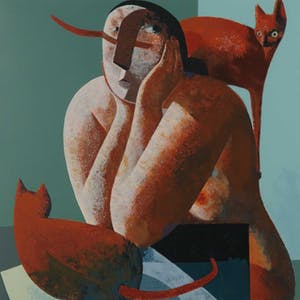 Peter Harskamp - Zeefdruk, Vrouw met twee katten - Ingelijst kopen? Bied vanaf 100!