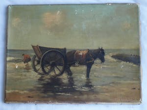 Joop Mertens - Olieverf op doek , Visser met paard en wagen – gesigneerd kopen? Bied vanaf 1!