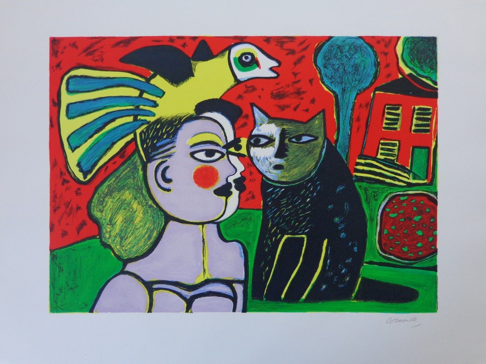 Corneille - VROUW MET ZWARTE KAT / KLEURLITHO / 56x72cm / SIG kopen? Bied vanaf 175!
