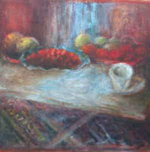 Katrijn Poelsma - Stilleven met rozenbottel en fruit verkocht voor € 50!