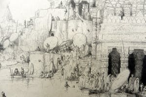 Marius Bauer - Gezicht op de Ganges met badende mensen met tempel op de achtergrond. kopen? Bied vanaf 250!