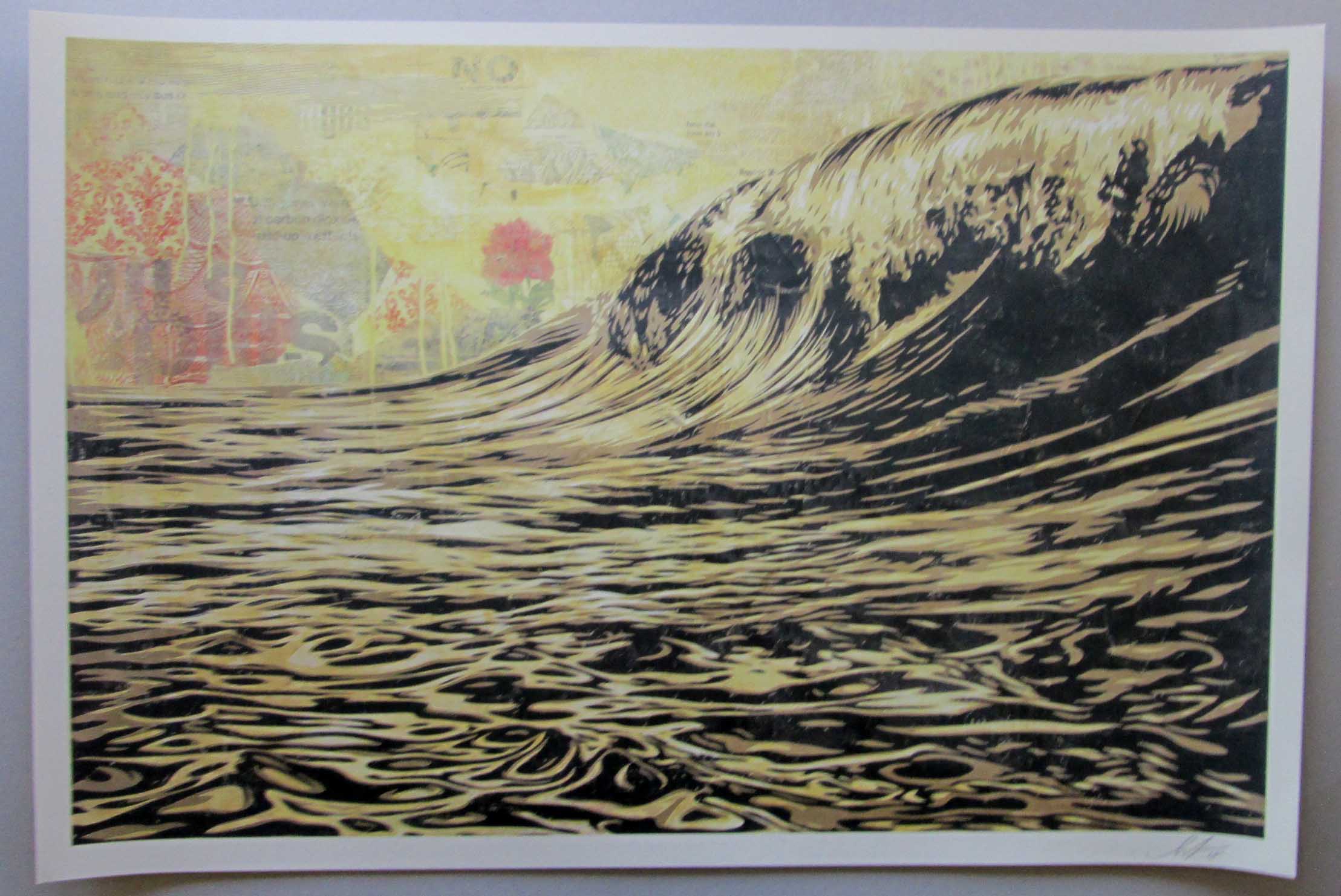 Shepard Fairey -  ( OBEY )Dark Wave-op dik speckletone-papier- handgesigneerd verkocht voor € 75!