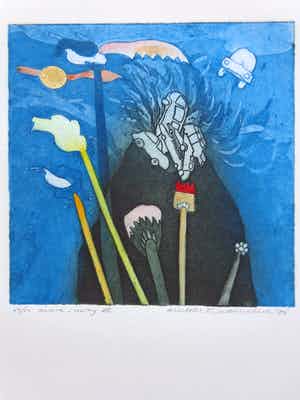 Michel van Overbeeke - AWARE-AWAY III / KLEURETS + GOUD / 65x50cm / SIG / 1996 verkocht voor € 30!