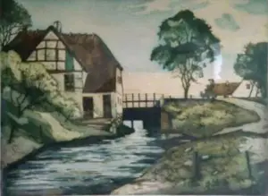 Johan Niels Martinus Thorsøe - (1834-1909) - Huis aan het water - Kleurenets kopen? Bied vanaf 1!