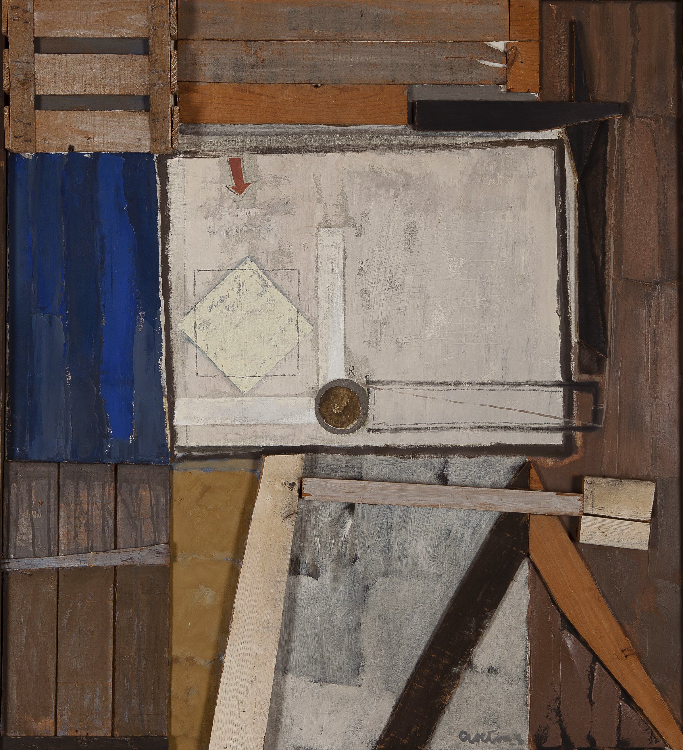 Jan Goeting - Atelier Compositie I - Hout en olieverf - gesigneerd m.o. - BKR Den Haag - 1975 verkocht voor € 15!