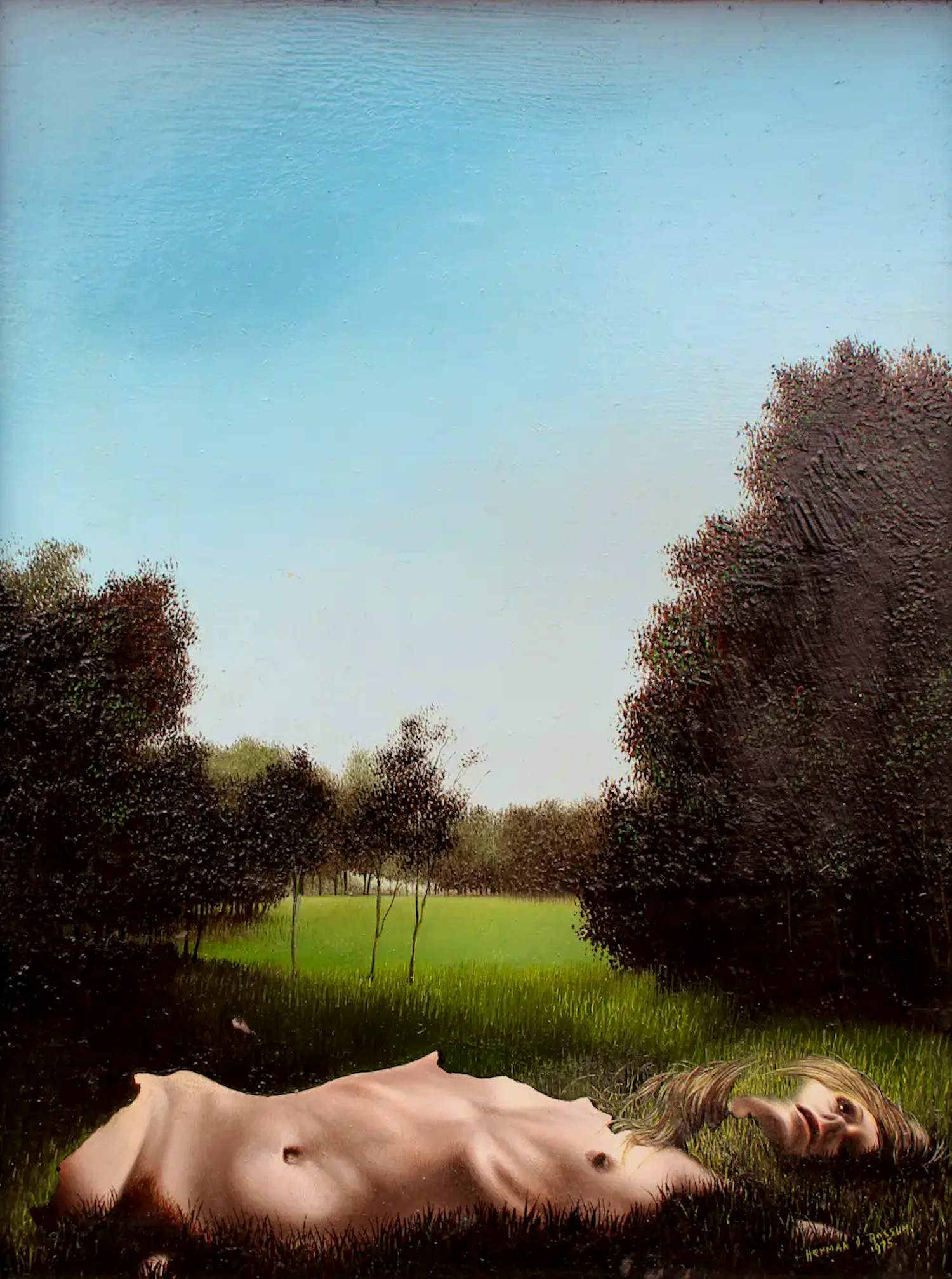 Herman van Rossum - Ingelijste olieverf op paneel: Liggende vrouw in landschap - 1975 verkocht voor € 595!