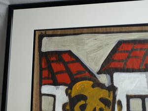 Bart Drost - Ingelijst, acryl op bitumenpapier (pakpapier) , Voor 2 huisjes – ca. 1991 kopen? Bied vanaf 50!