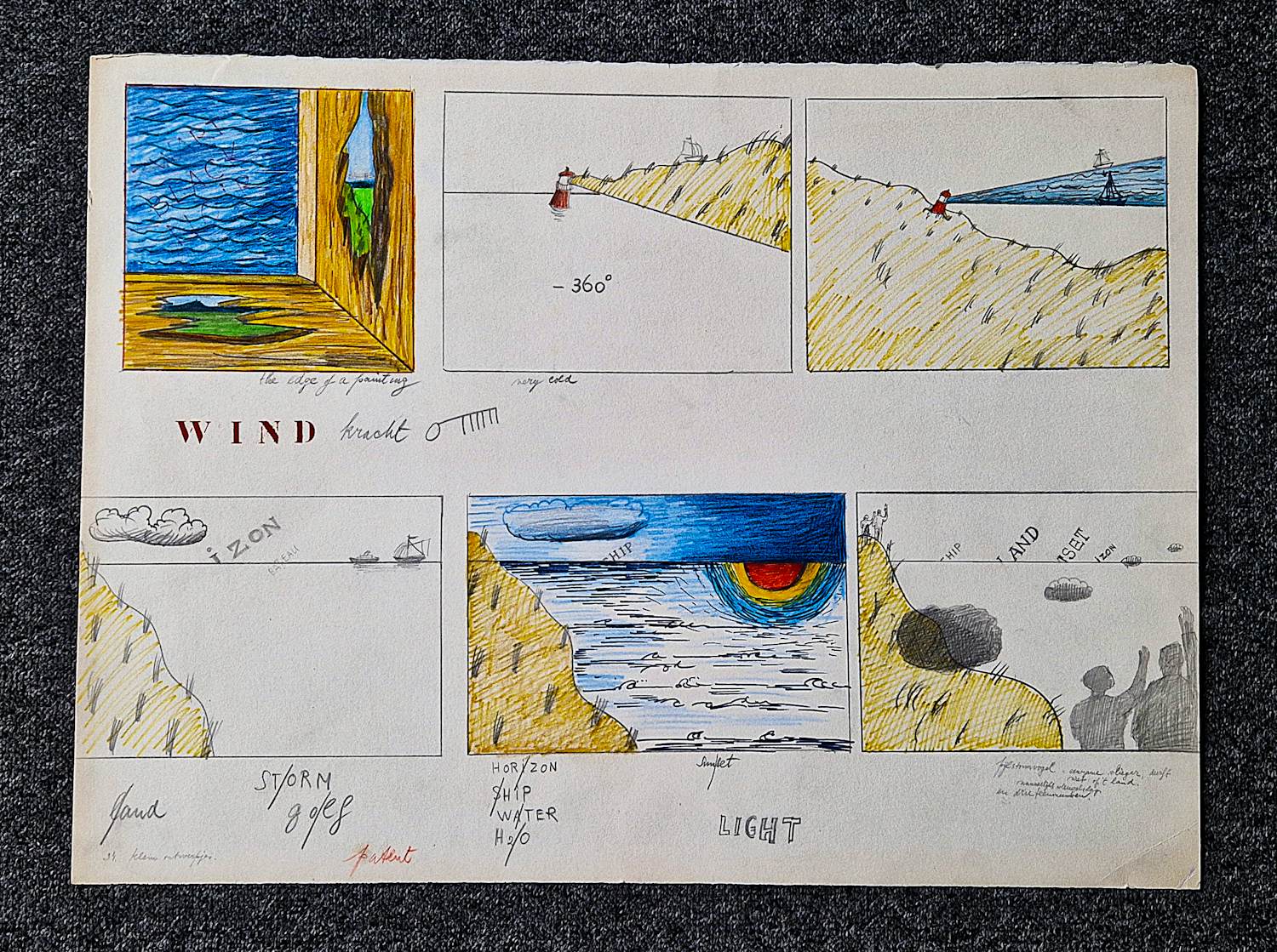 Hannes Postma - Grote jaren 60 kleurpotlood tekening "kleine ontwerpjes / storm water light" verkocht voor € 47!