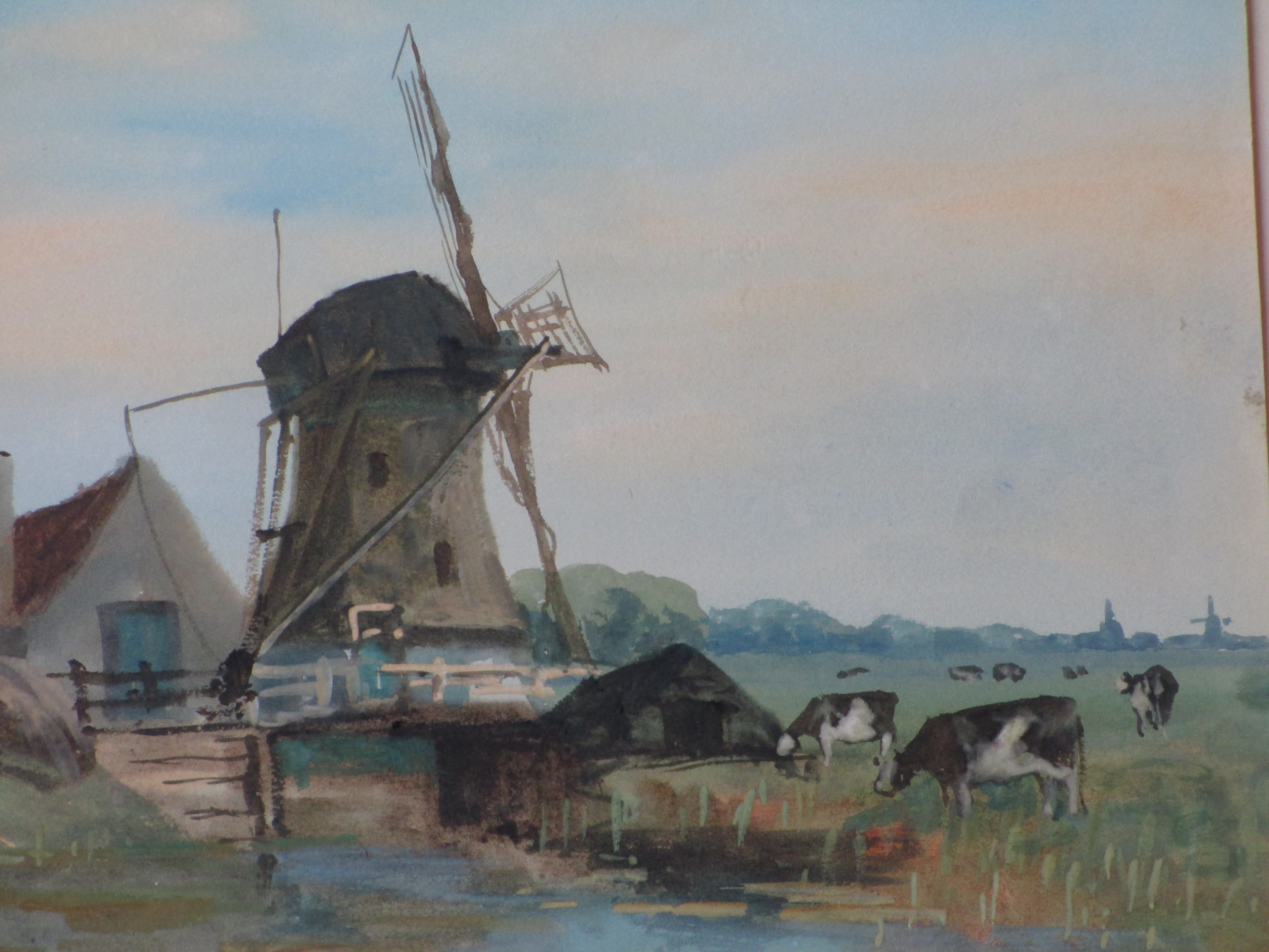 Adriaan Terhell - Polderlandschap met molen en koeien - Gemengde techniek kopen? Bied vanaf 1!