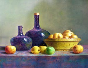 Hans Habraken - Stilleven met schaal appels en oude flessen kopen? Bied vanaf 725!